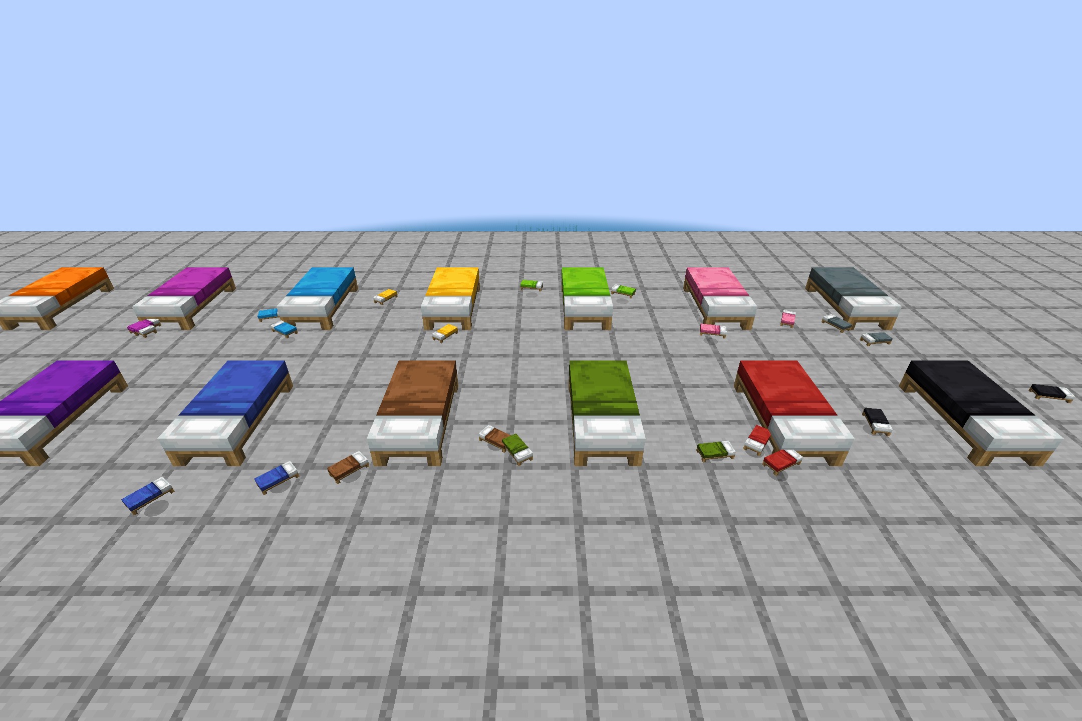 Multiple rows of colorful Minecraft beds with blankets on a gray grid