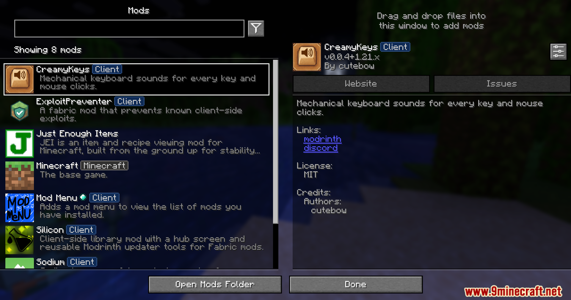 Creamy Keys Mod Screenshot 1 Minecraft mod list interface showing the CreamyKeys mod selected with its description