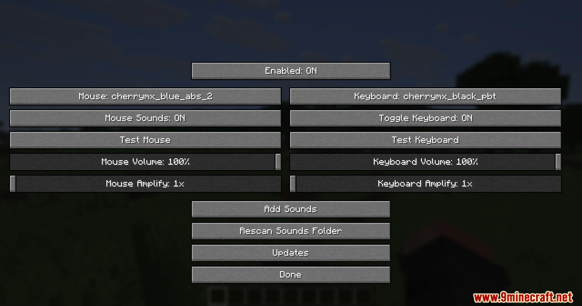Creamy Keys Mod Screenshot 2 Configuration menu for selecting mechanical keyboard and mouse click sound profiles