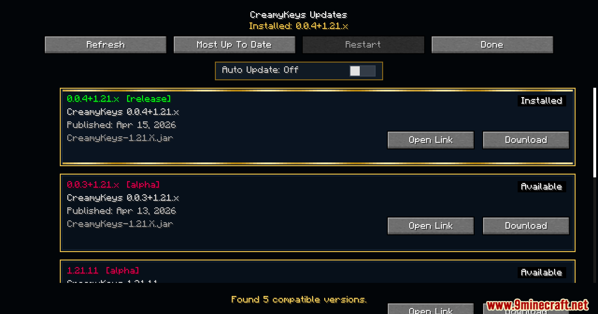 Creamy Keys Mod Screenshot 3 Update interface for CreamyKeys showing installed and available versions for the mod