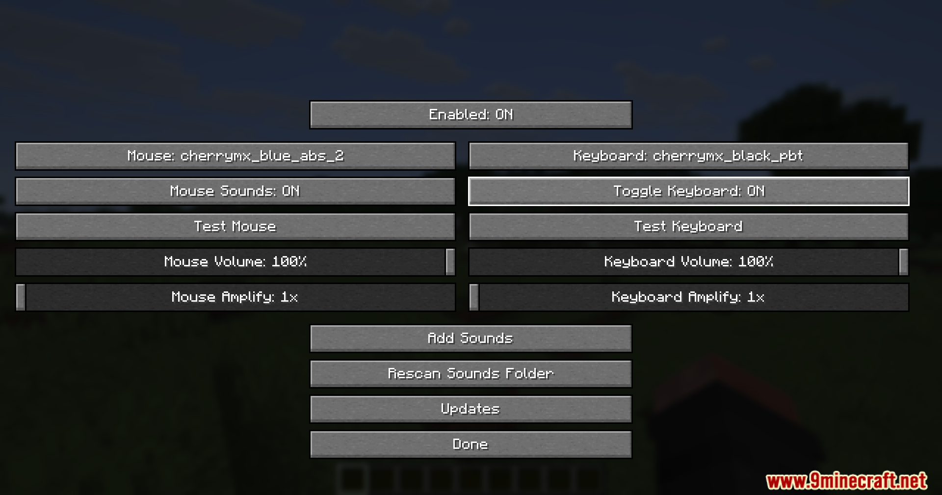 Creamy Keys Mod Screenshot 5 Settings menu for Creamy Keys Mod showing keyboard and mouse sound options