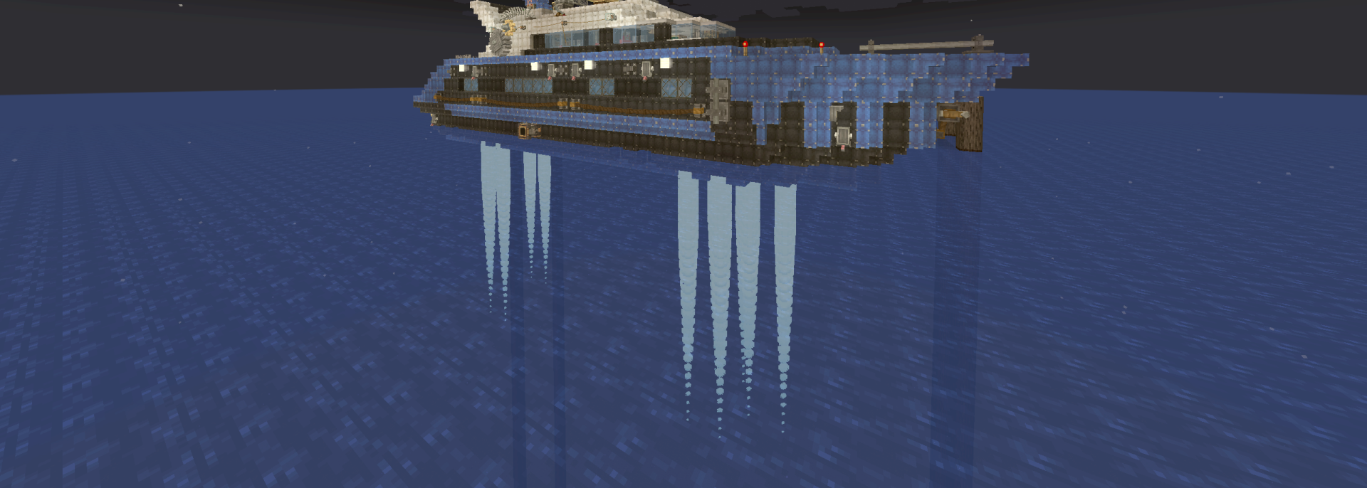 Create Aeronautics Survival Friendly Yacht by Yoda Schematic Screenshots 1 A large blue yacht floating on the dark ocean water during the night