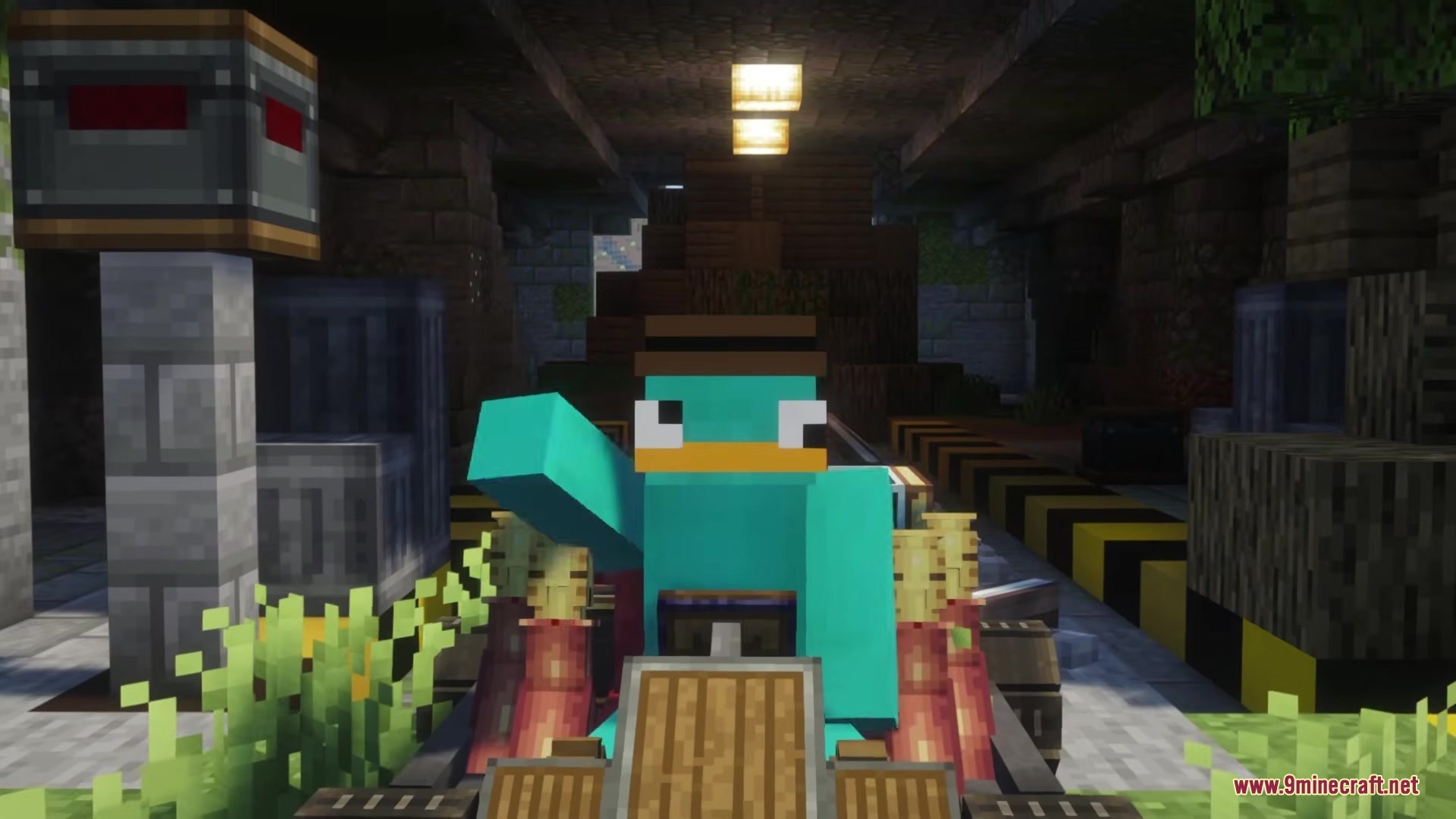 Create Kart by Stalosir Mod Screenshot 2 The platypus character waves while driving a kart through an industrial tunnel