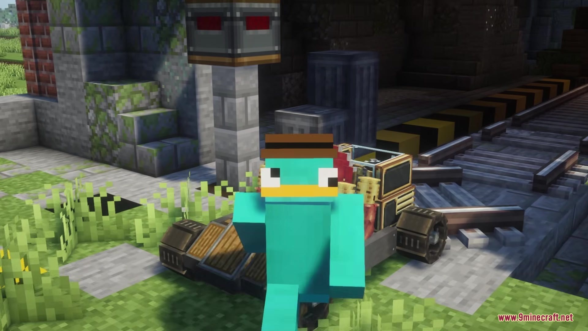 Create Kart by Stalosir Mod Screenshot 3 A player wearing a platypus skin stands next to a mechanical go kart