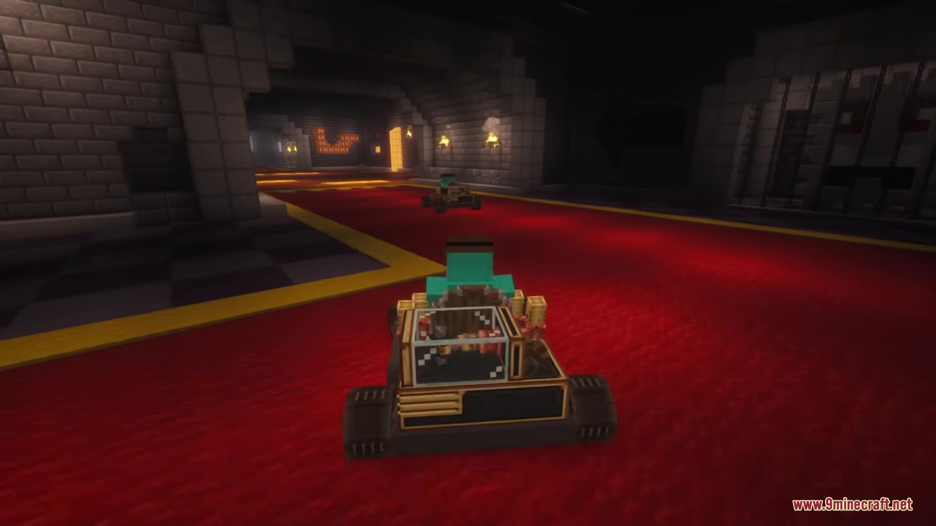 Create Kart by Stalosir Mod Screenshot 5 A player drives a custom go kart on a red carpet inside a castle