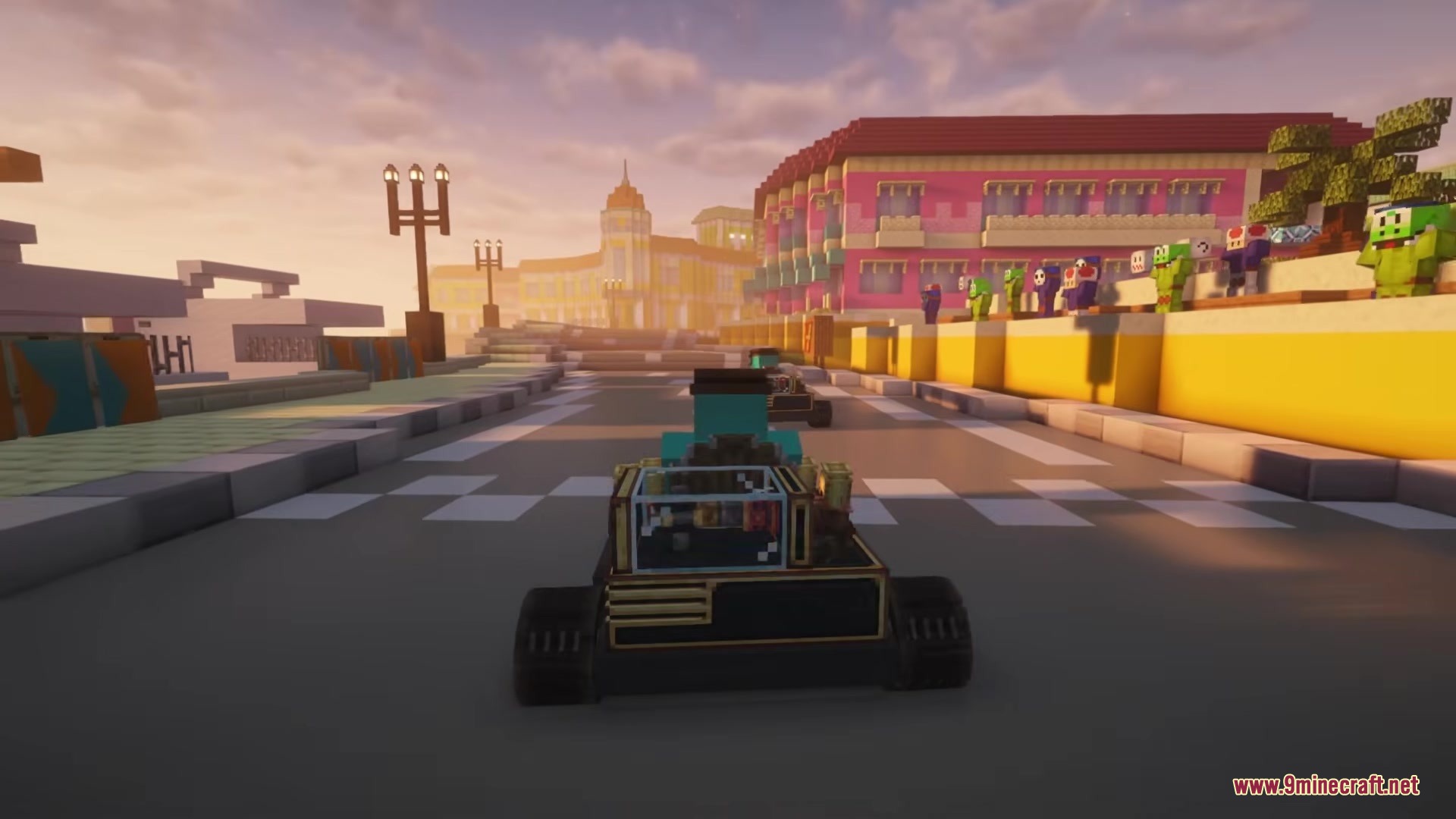 Create Kart by Stalosir Mod Screenshot 6 Racing a go kart on a sunny street track past colorful buildings and spectators