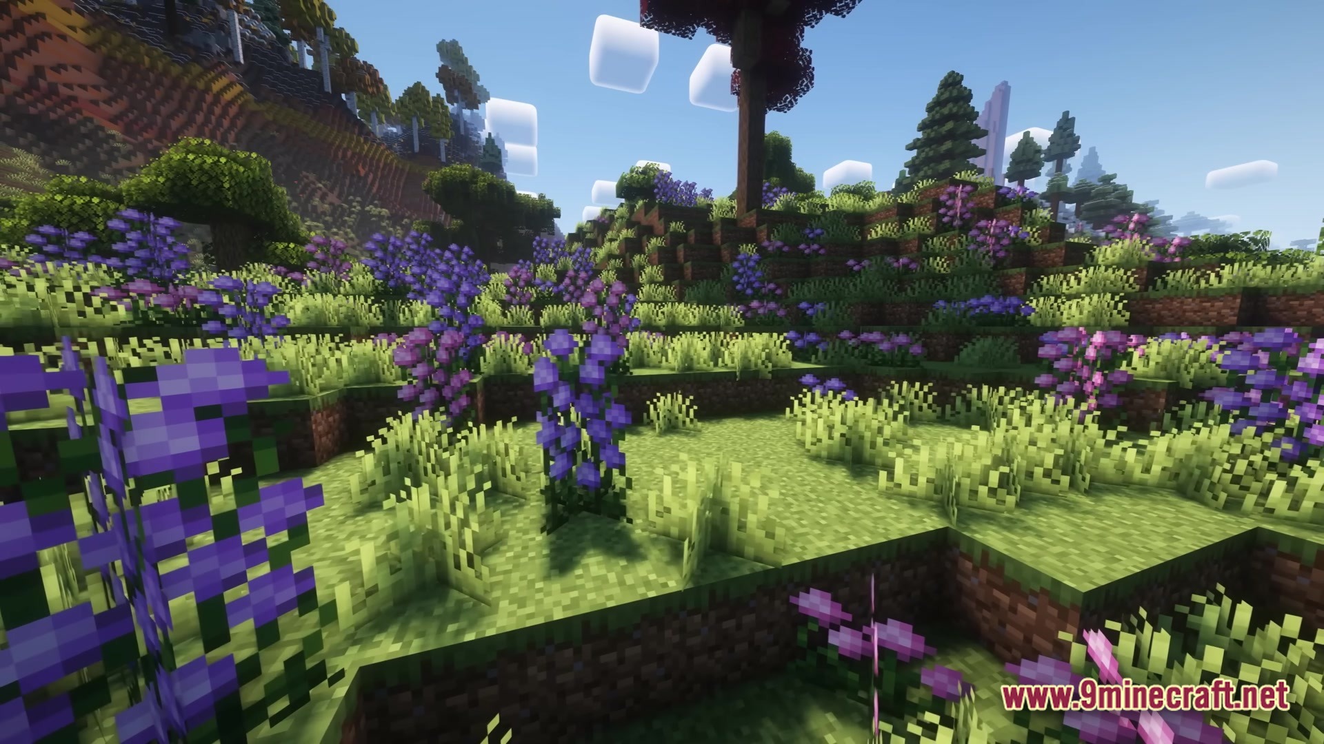 Create Modpack Screenshot 2 A lush Minecraft landscape featuring rolling hills covered in purple flowers and dense green vegetation
