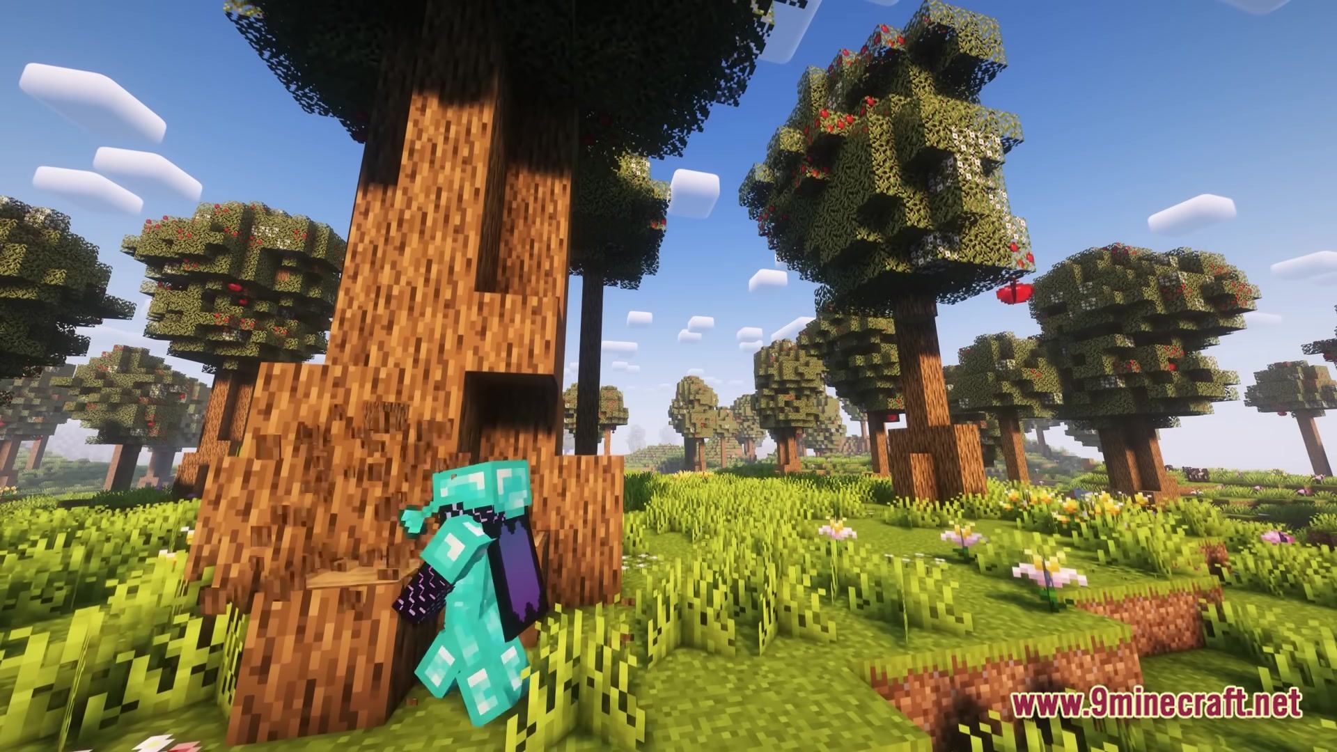 Create Modpack Screenshot 4 A player in diamond armor stands in a grassy orchard filled with large apple trees