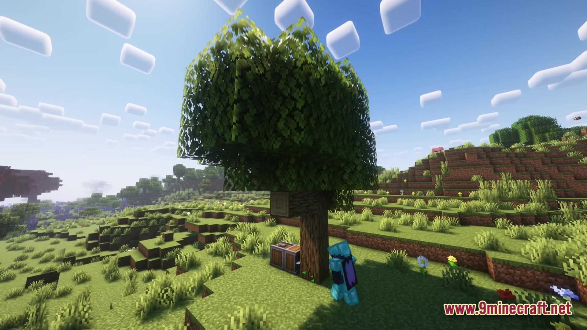 Create Modpack Screenshot 5 A player in diamond armor stands near a tree with a mechanical saw and chest attached