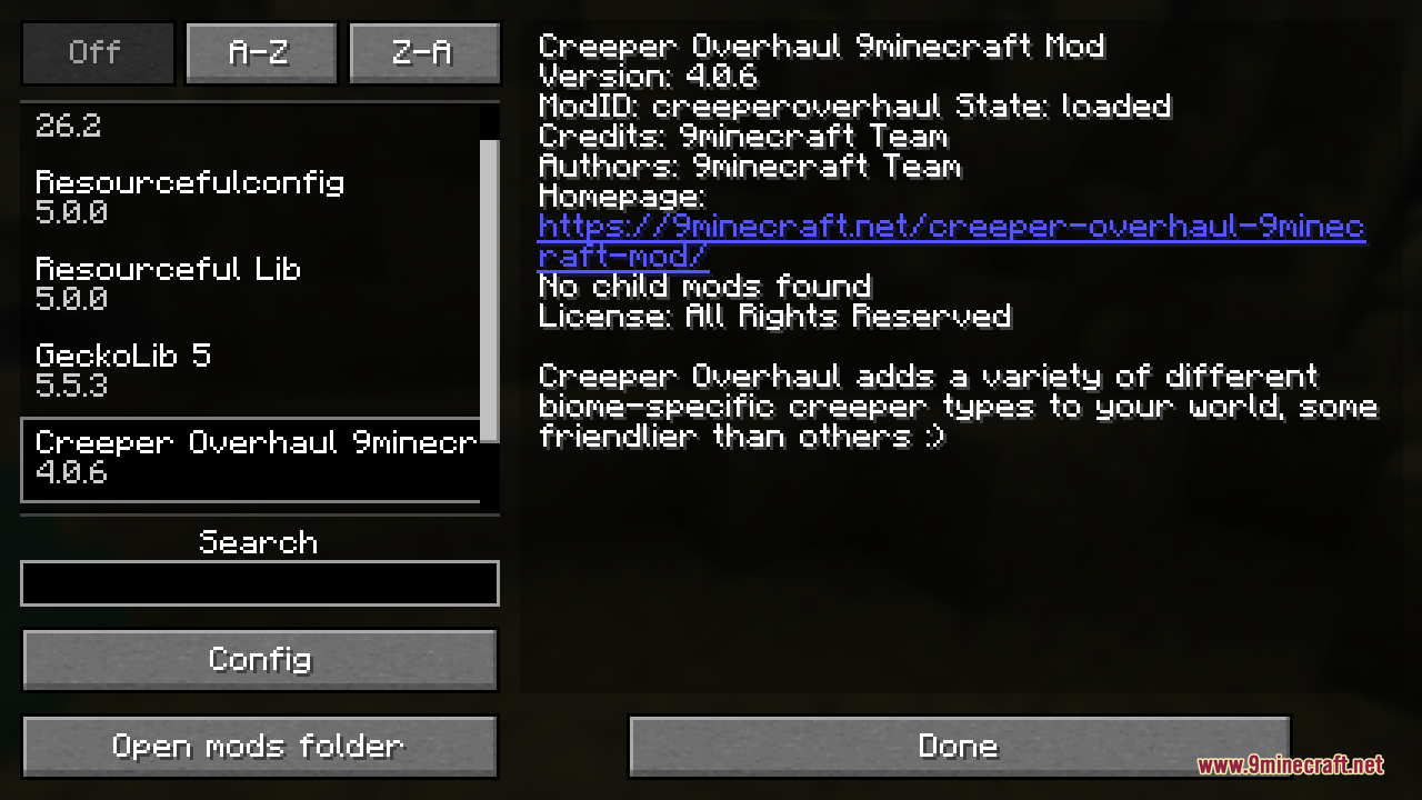 The mod's entry in the in-game mods list, shown loaded alongside its required libraries GeckoLib and Resourceful Lib, with a clickable homepage link and a note that it adds a variety of biome-specific creeper types