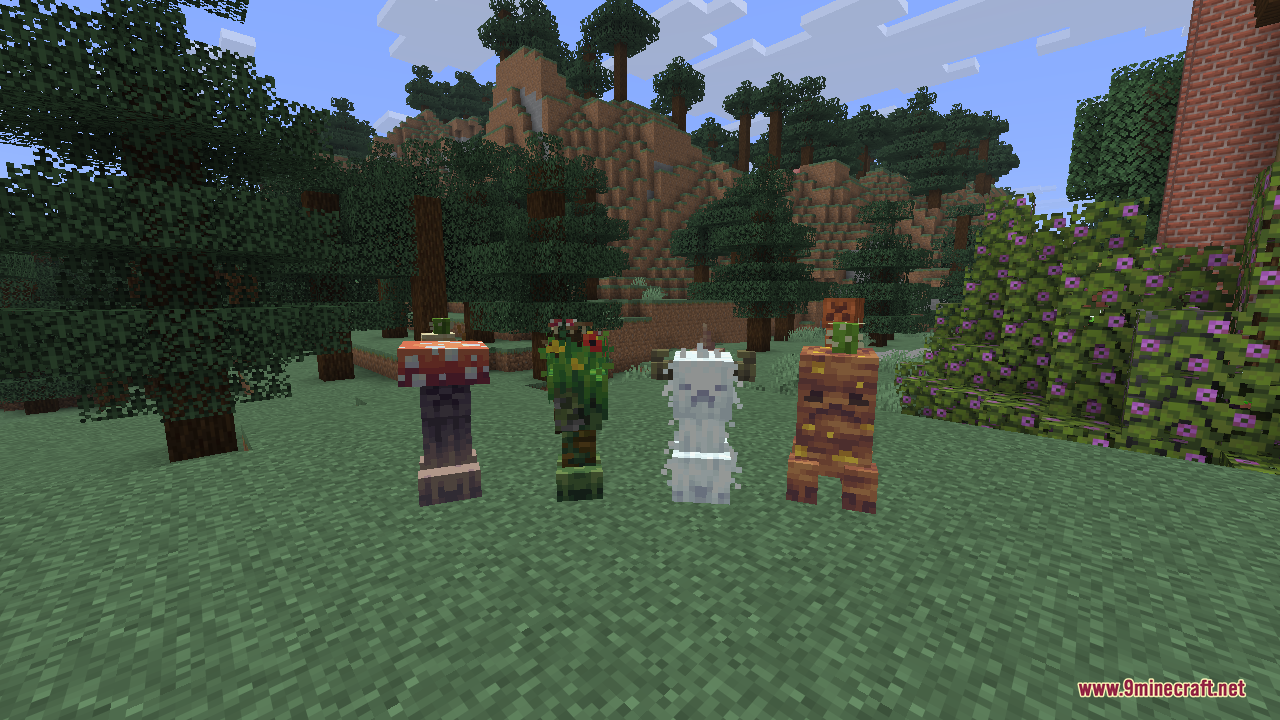 Four different biome creeper variants standing together on grass in a forested badlands area, including a mushroom-capped creeper, a leafy flowering creeper, a fluffy white snowy creeper, and a terracotta badlands creeper