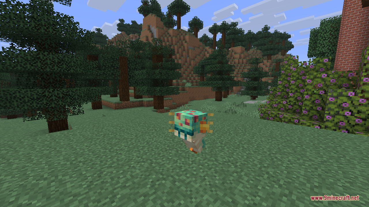 A brightly colored ocean creeper with a turquoise and coral patterned body walking across a grassy clearing