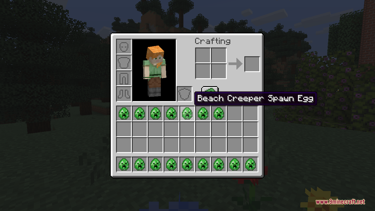 The inventory open on the creative spawn-egg menu, showing the many creeper spawn eggs the mod adds, with the Beach Creeper Spawn Egg tooltip highlighted