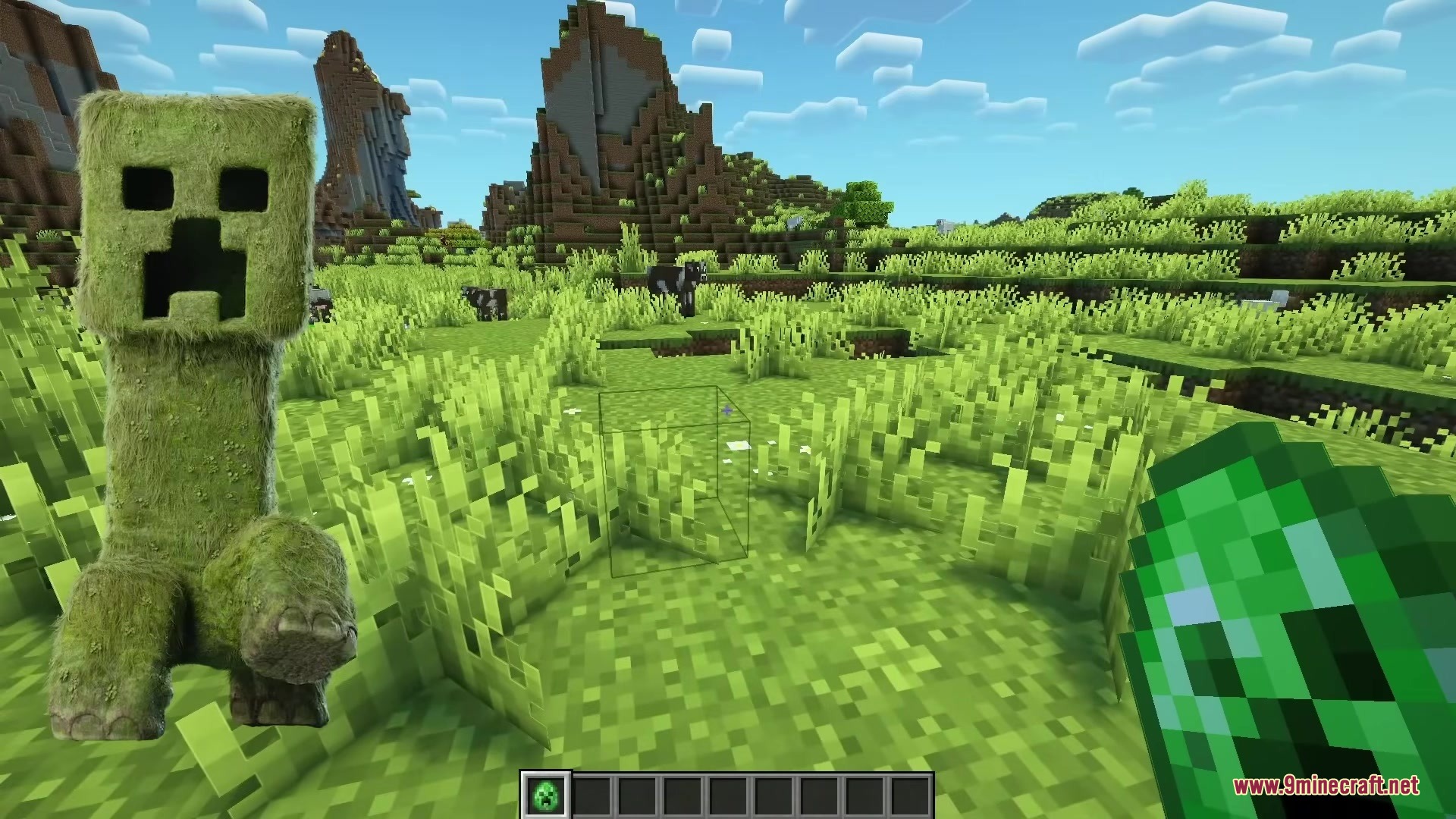 Realistic furry Creeper from a movie resource pack standing in a grassy field