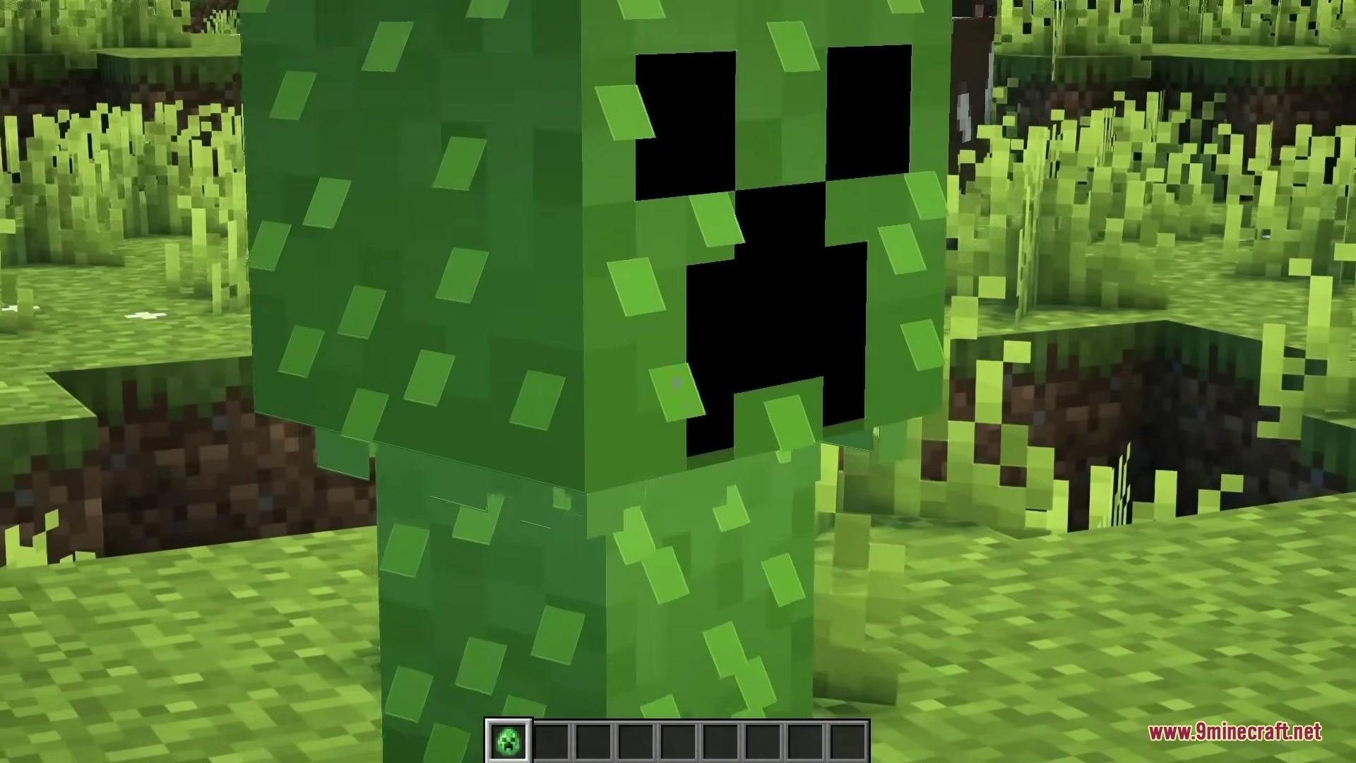 Close up view of a green Creeper with a unique textured blocky face