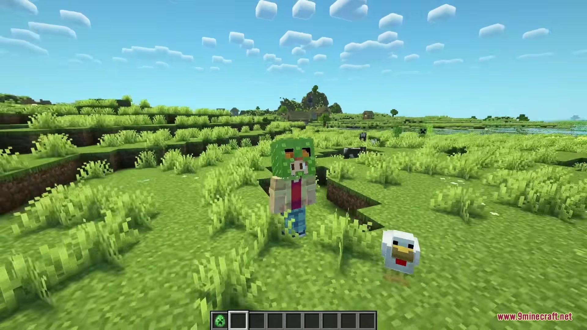 Player wearing a fluffy movie style Creeper mask standing in a field