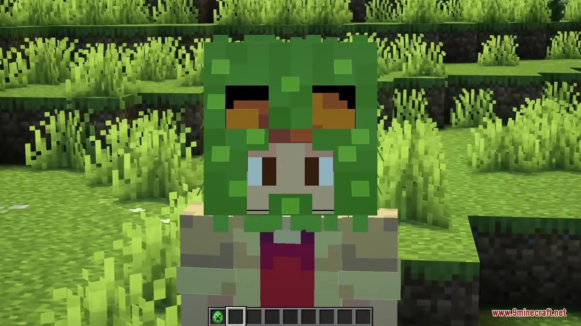 Close up view of the fluffy movie style Creeper head design