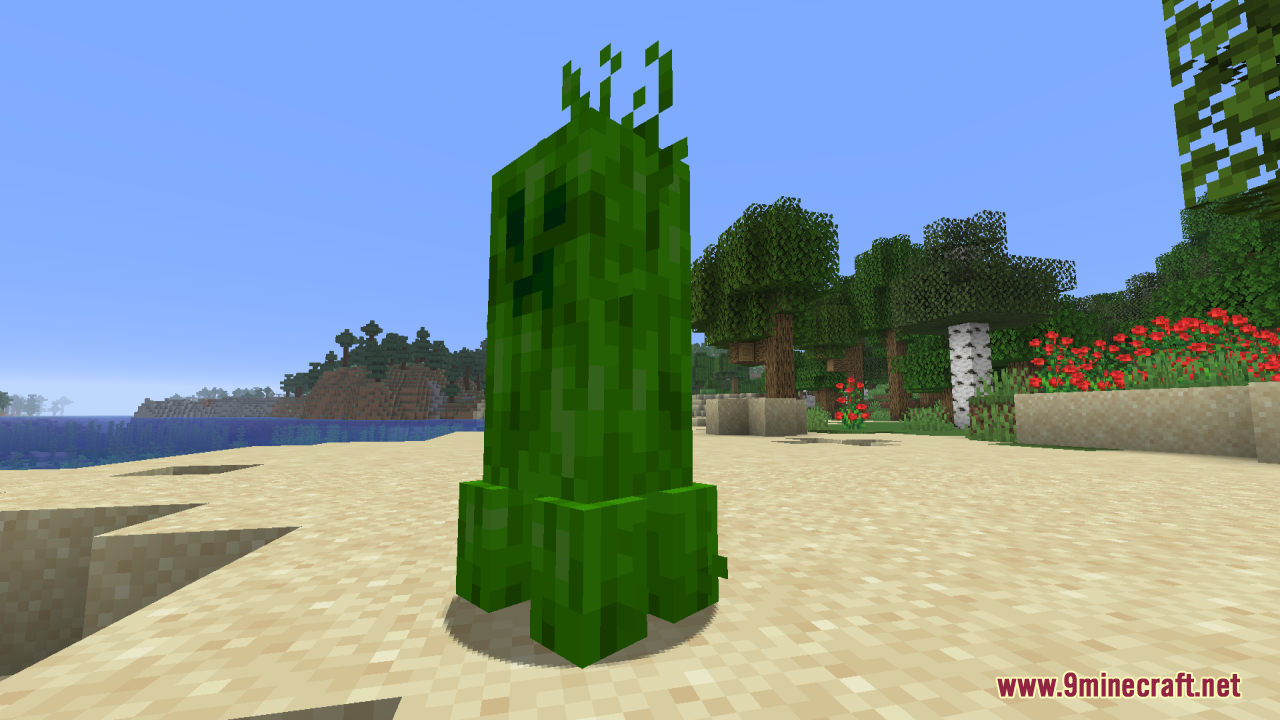 Creepers Refreshed Resource Pack Screenshot 1 A green creeper with leafy textures and sprouts standing on a sandy beach