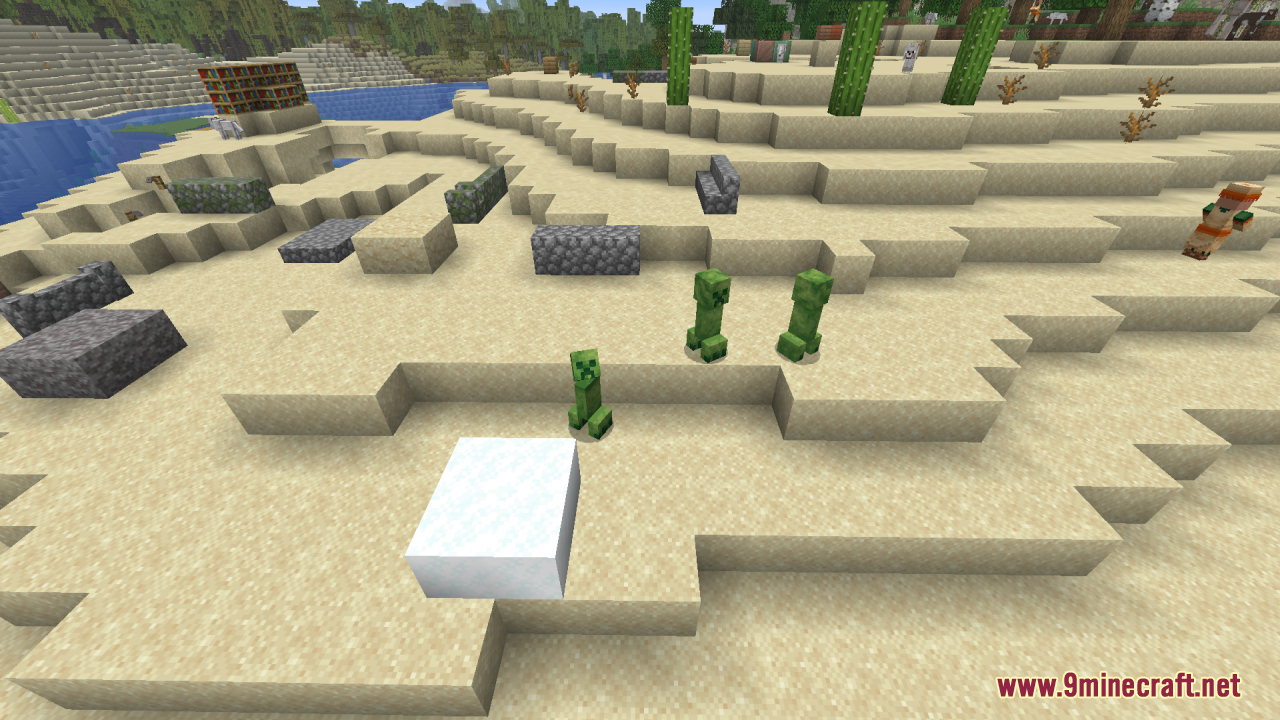 Creepers Refreshed Resource Pack Screenshot 10 Multiple sand textured creepers of different sizes roaming around a desert landscape