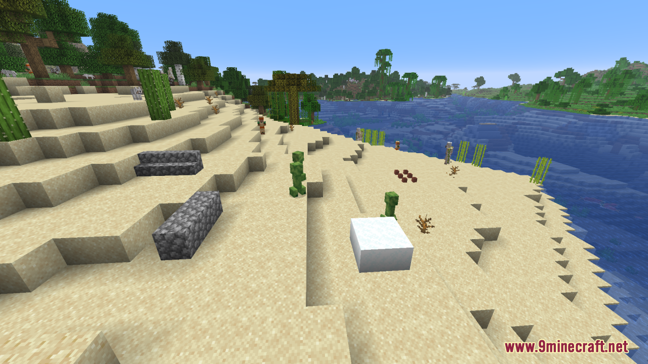 Creepers Refreshed Resource Pack Screenshot 11 Creepers Refreshed variants hiding in a sandy beach environment near the ocean
