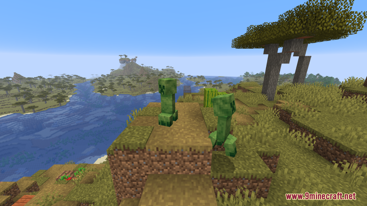 Creepers Refreshed Resource Pack Screenshot 12 Two creepers with unique animations and textures standing on a grassy cliff