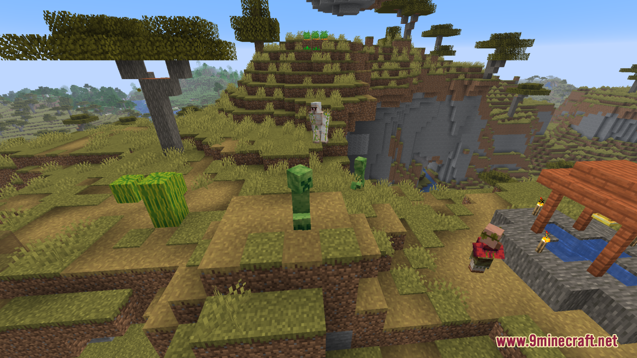 Creepers Refreshed Resource Pack Screenshot 13 A Creeper with savanna textures blending into the grassy landscape near a villager