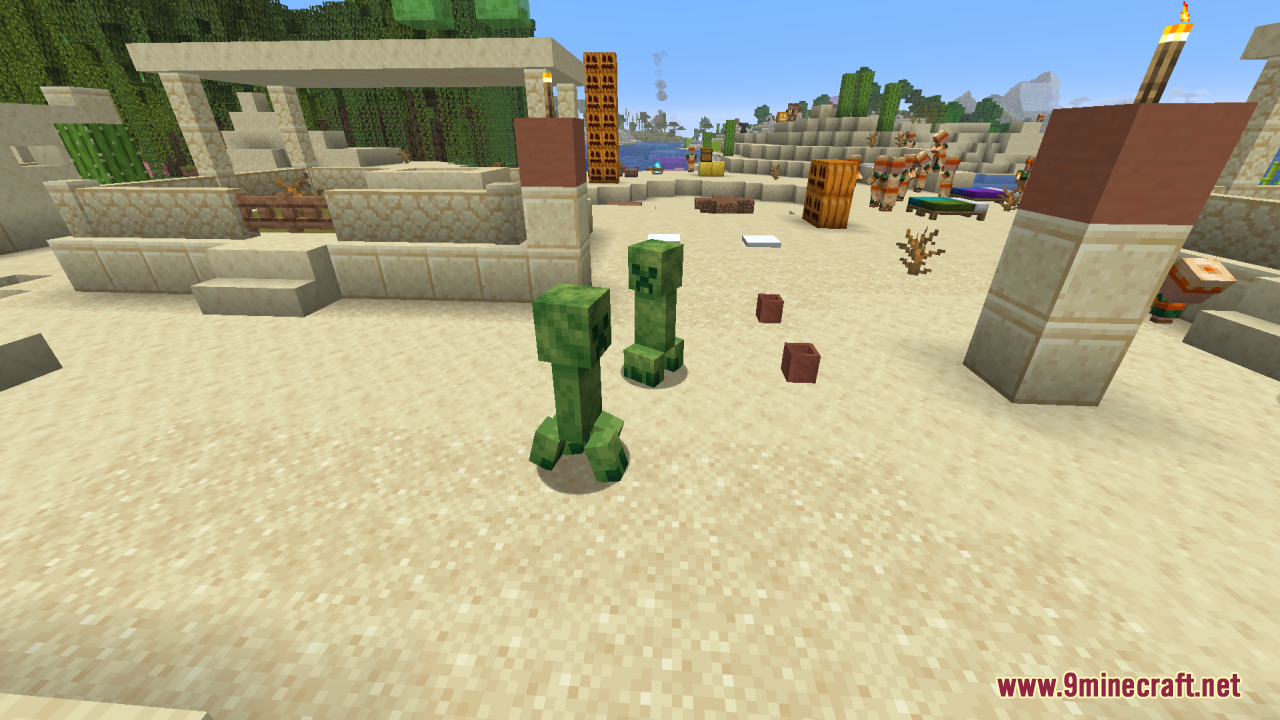 Creepers Refreshed Resource Pack Screenshot 8 Two Creepers with sandy textures walking through a desert village area