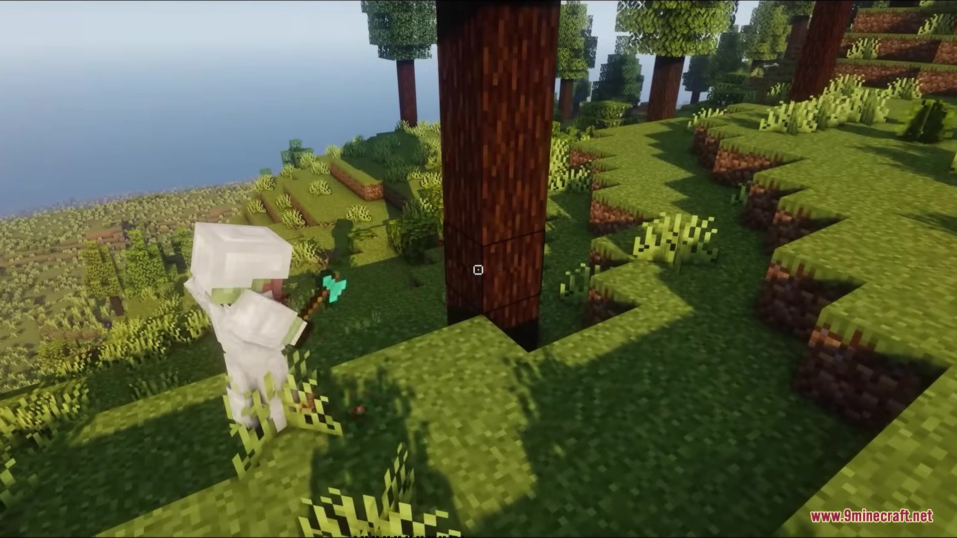 Crosshair CUBE Resource Pack Screenshot 3 Minecraft player aiming at a tree with the Crosshair CUBE resource pack