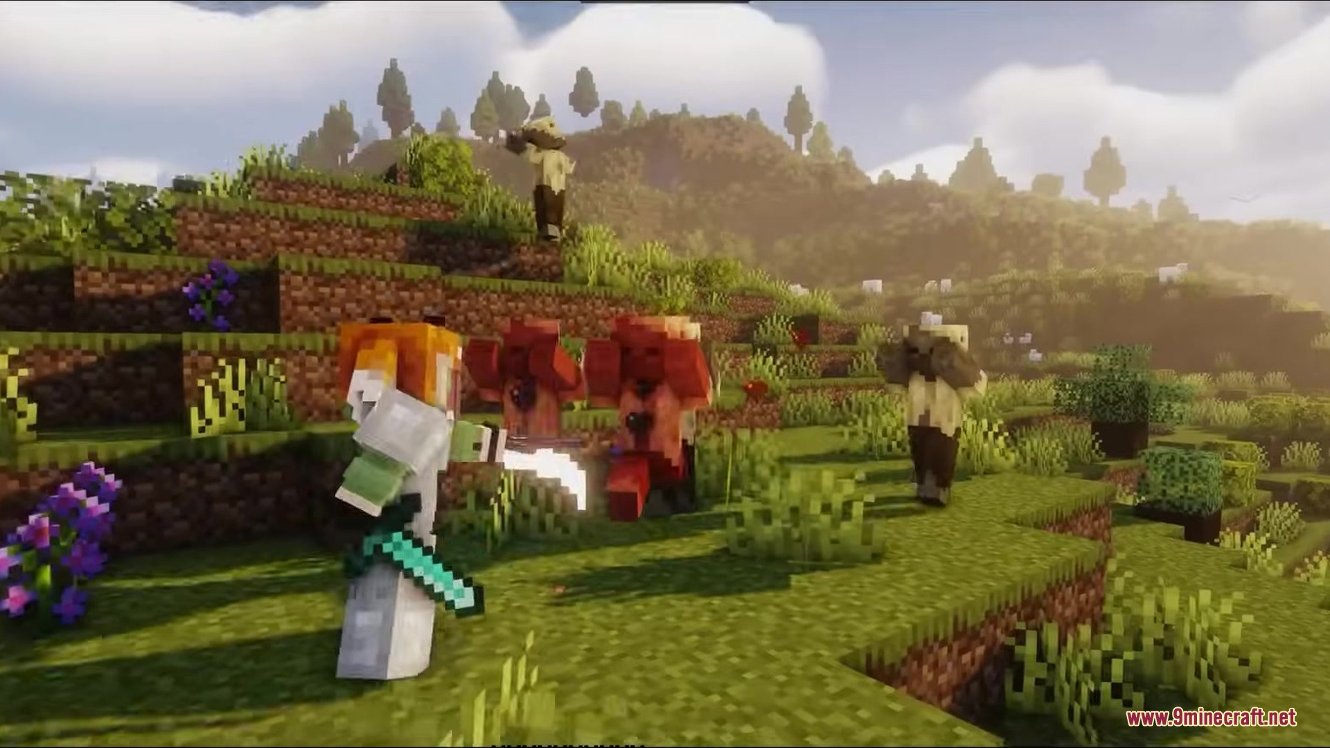 Crosshair CUBE Resource Pack Screenshot 4 Player fighting monsters in a grassy field using a square shaped crosshair