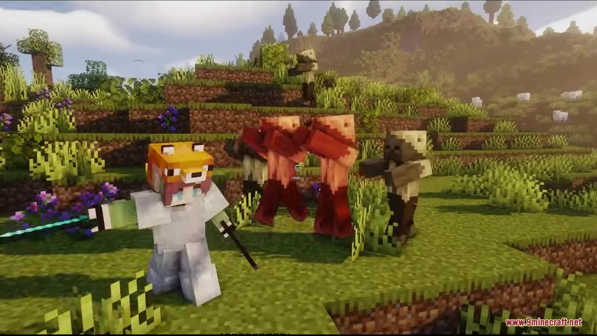 Crosshair CUBE Resource Pack Screenshot 5 Minecraft player with a fox hat fights mobs in a grassy landscape