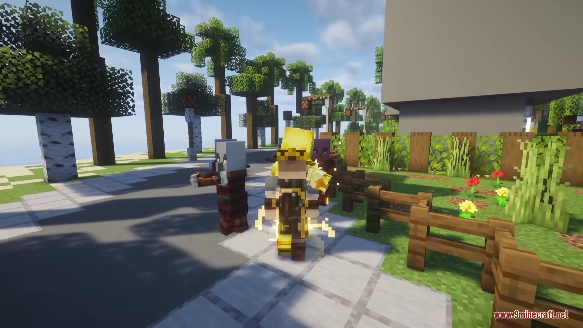 Crysis Legacy Mod Screenshot 1 A player wearing a golden Nanosuit stands next to a Pillager mob