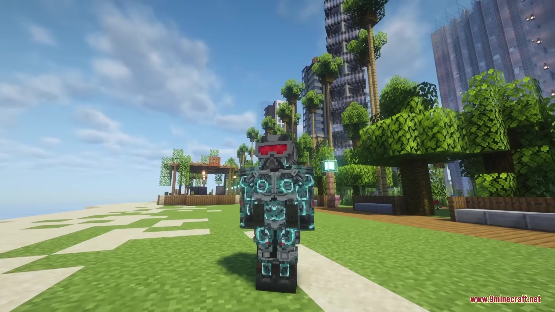 Crysis Legacy Mod Screenshot 3 A player wearing a glowing cyan Nanosuit stands in a sunny city park