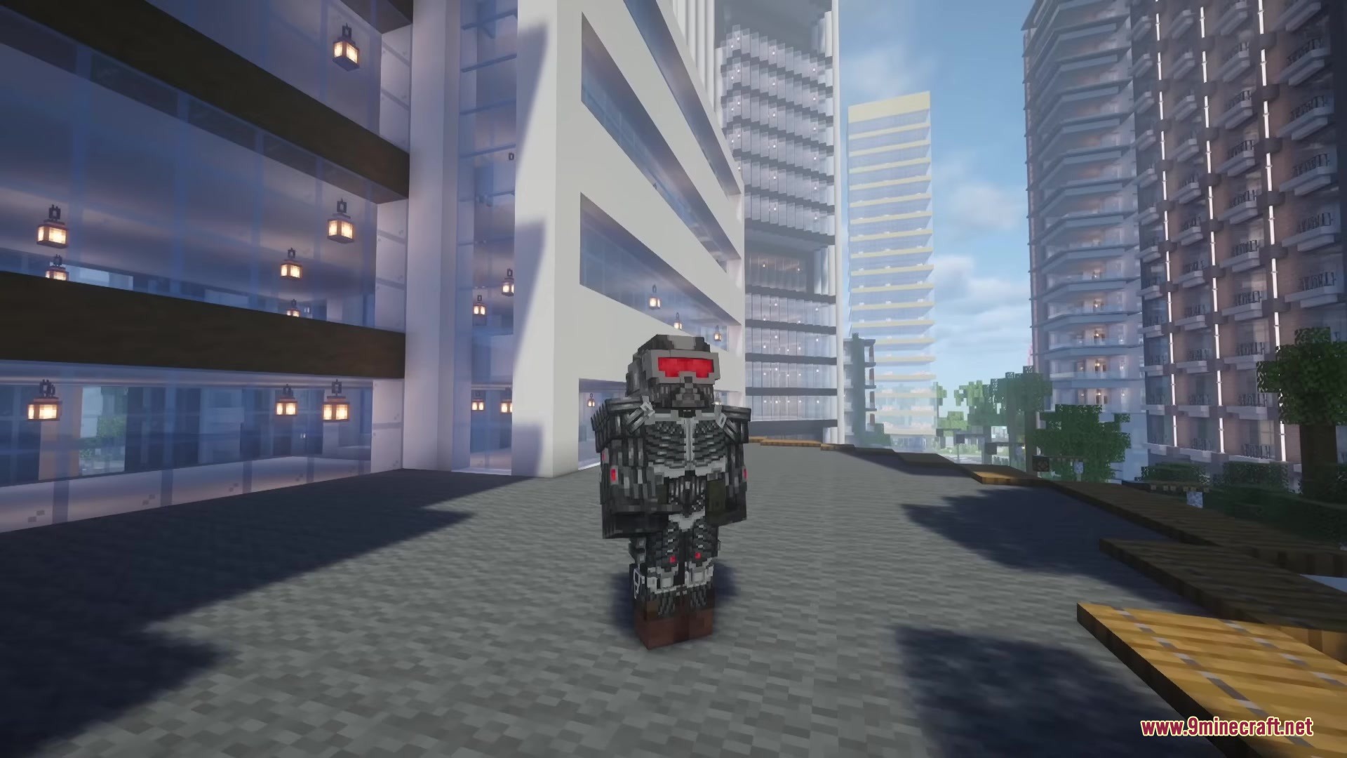 Crysis Legacy Mod Screenshot 4 A player wearing the Crysis Legacy Mod Nanosuit on a modern building balcony