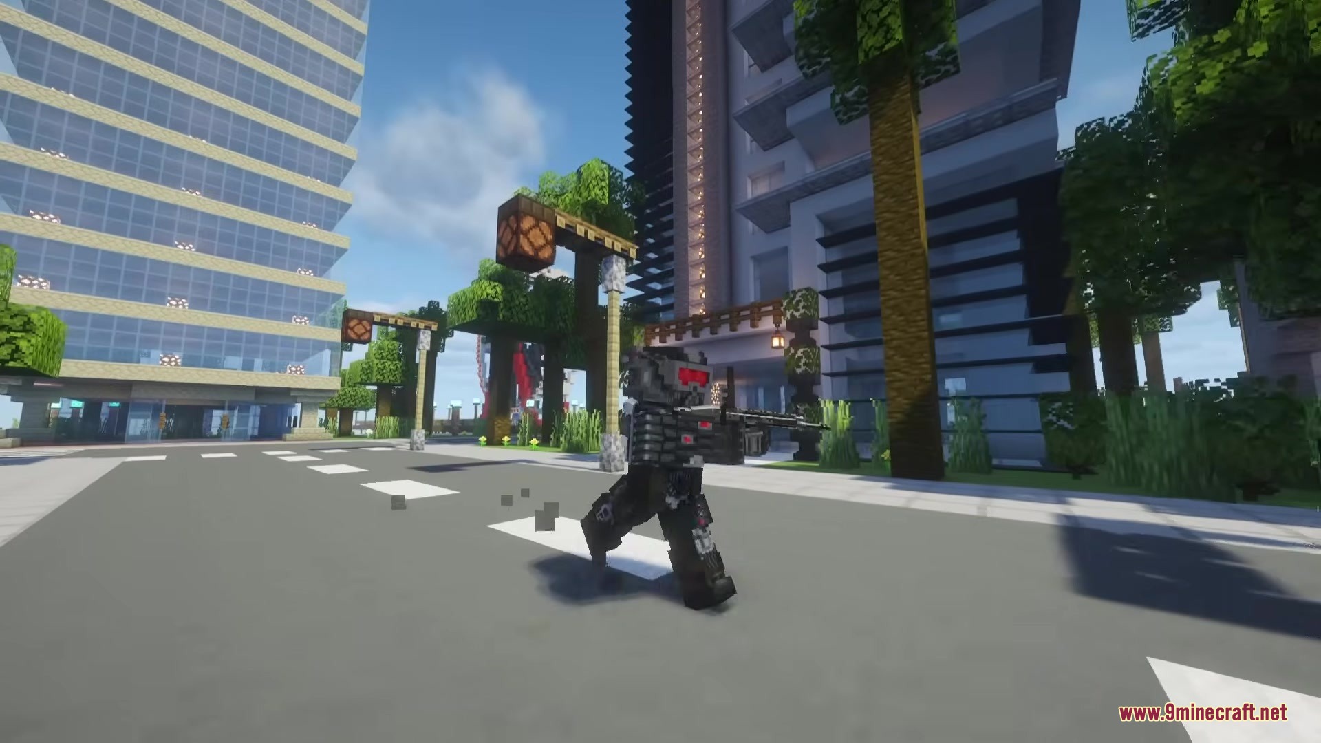 Crysis Legacy Mod Screenshot 5 A player wearing a black Nanosuit runs through a modern city street