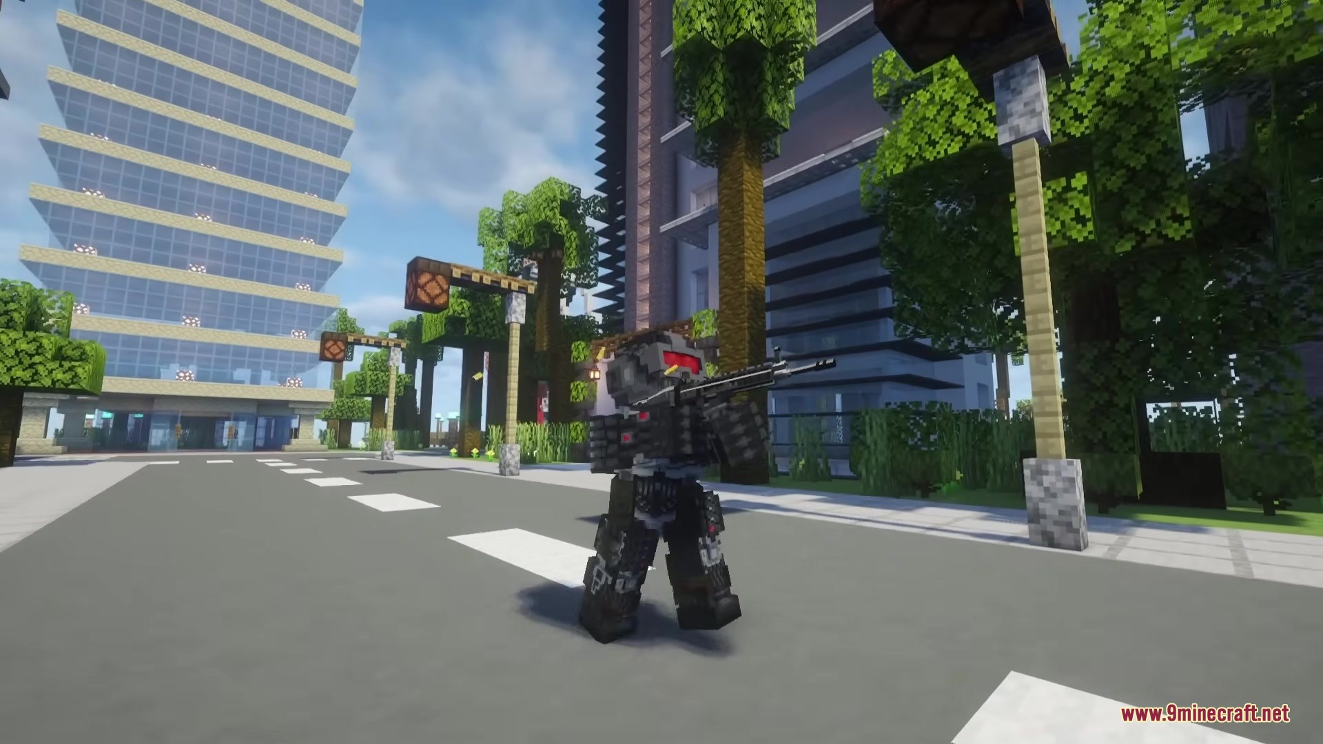 Crysis Legacy Mod Screenshot 7 A player wearing a futuristic Nanosuit holds a rifle in a modern city