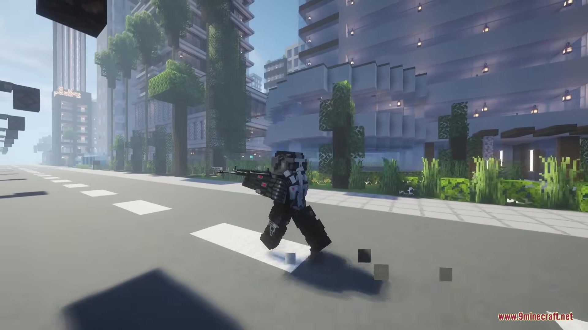 Crysis Legacy Mod Screenshot 8 A player wearing a Nanosuit sprints down a street while holding a firearm