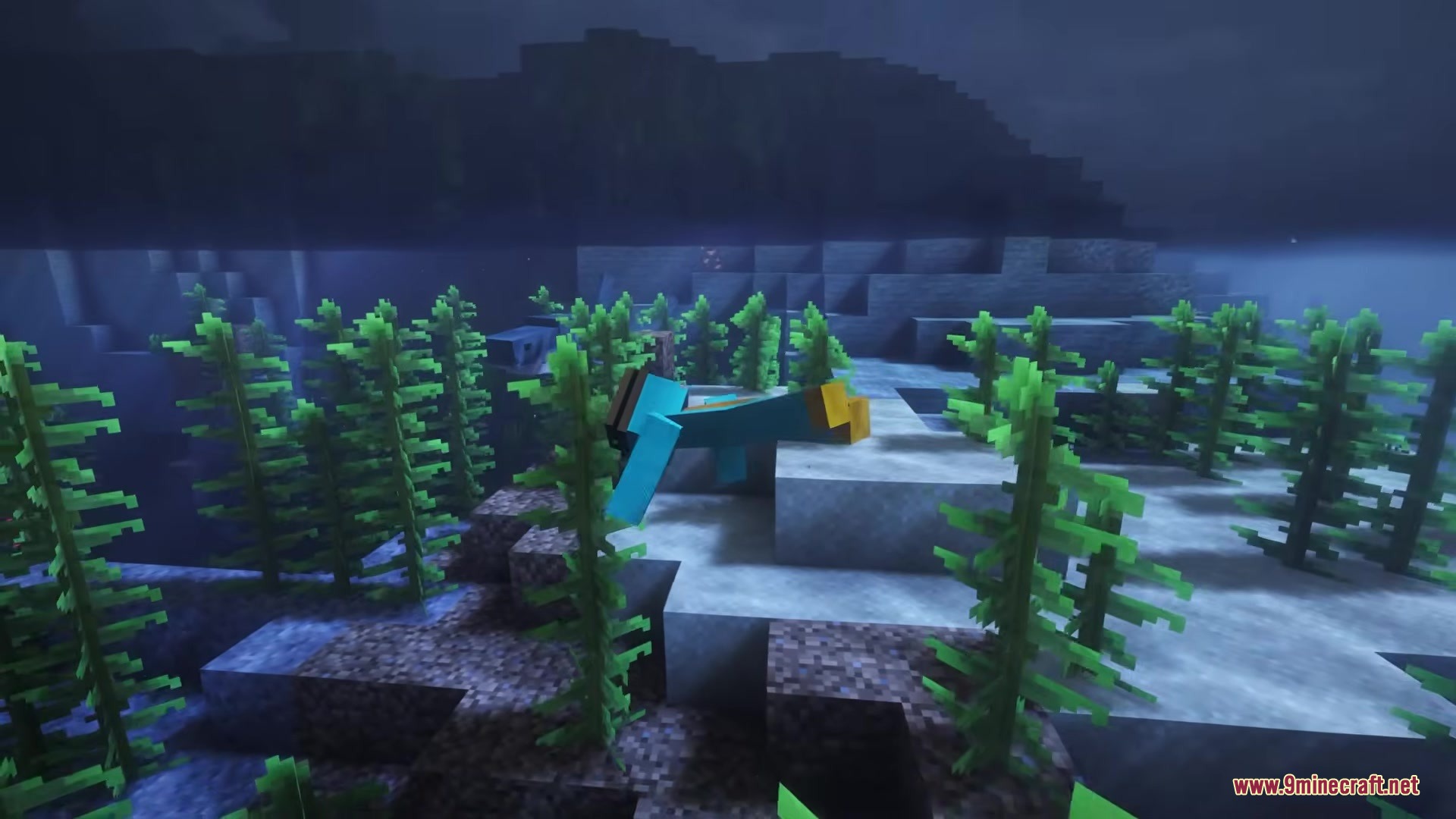 Cube Animals Mod Screenshot 2 A player character sleeping on the ocean floor among tall green seagrass plants