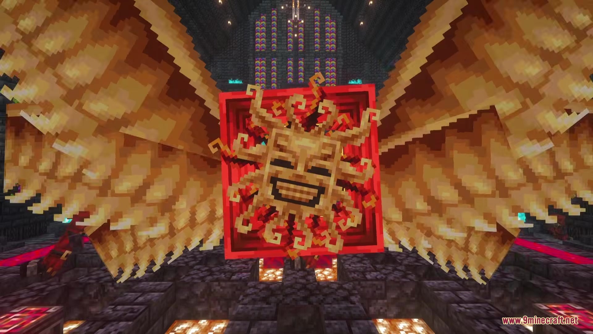 A powerful winged boss with a sun face inside a Nether mansion