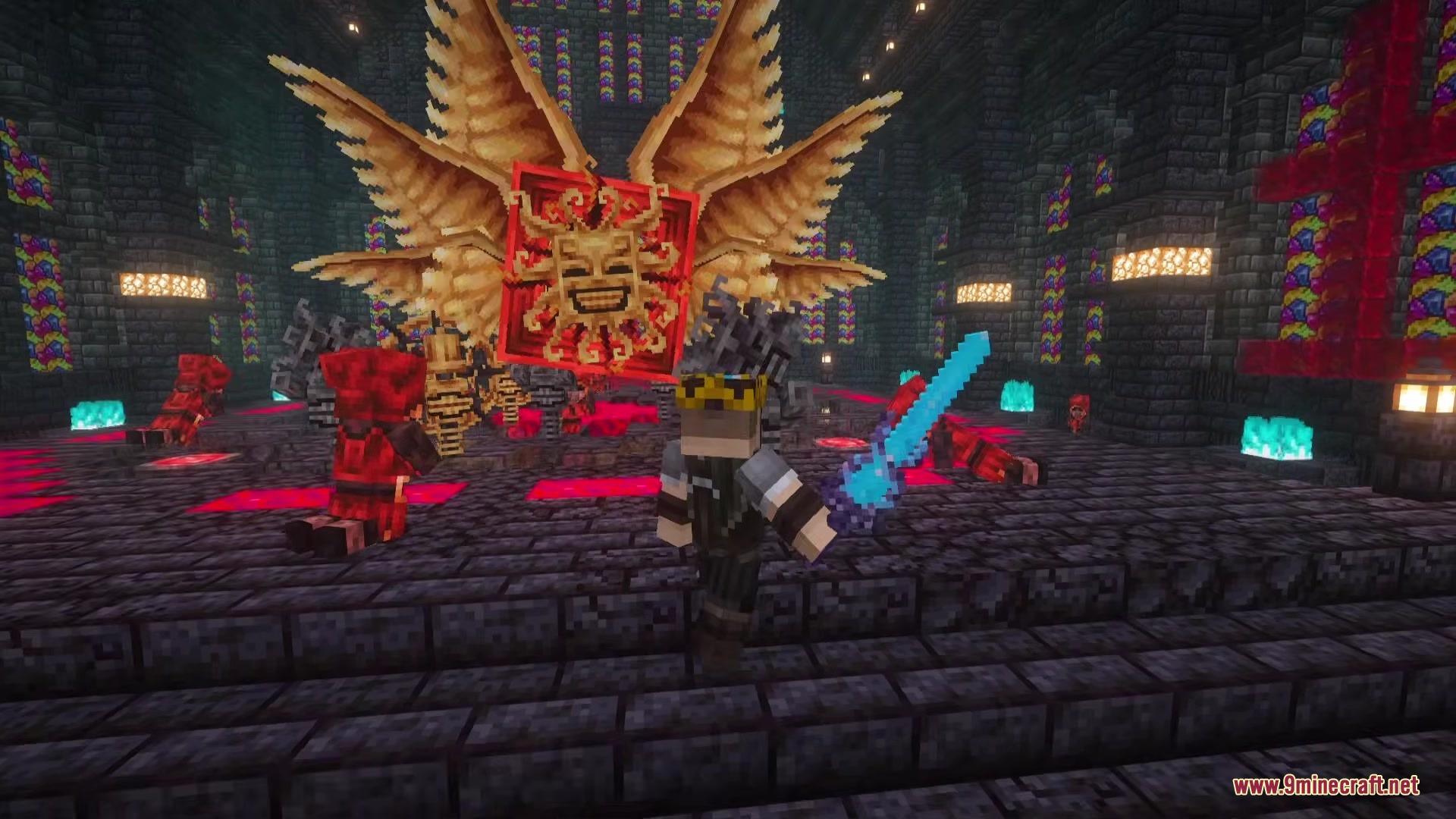 Player character with a blue sword facing a massive winged boss