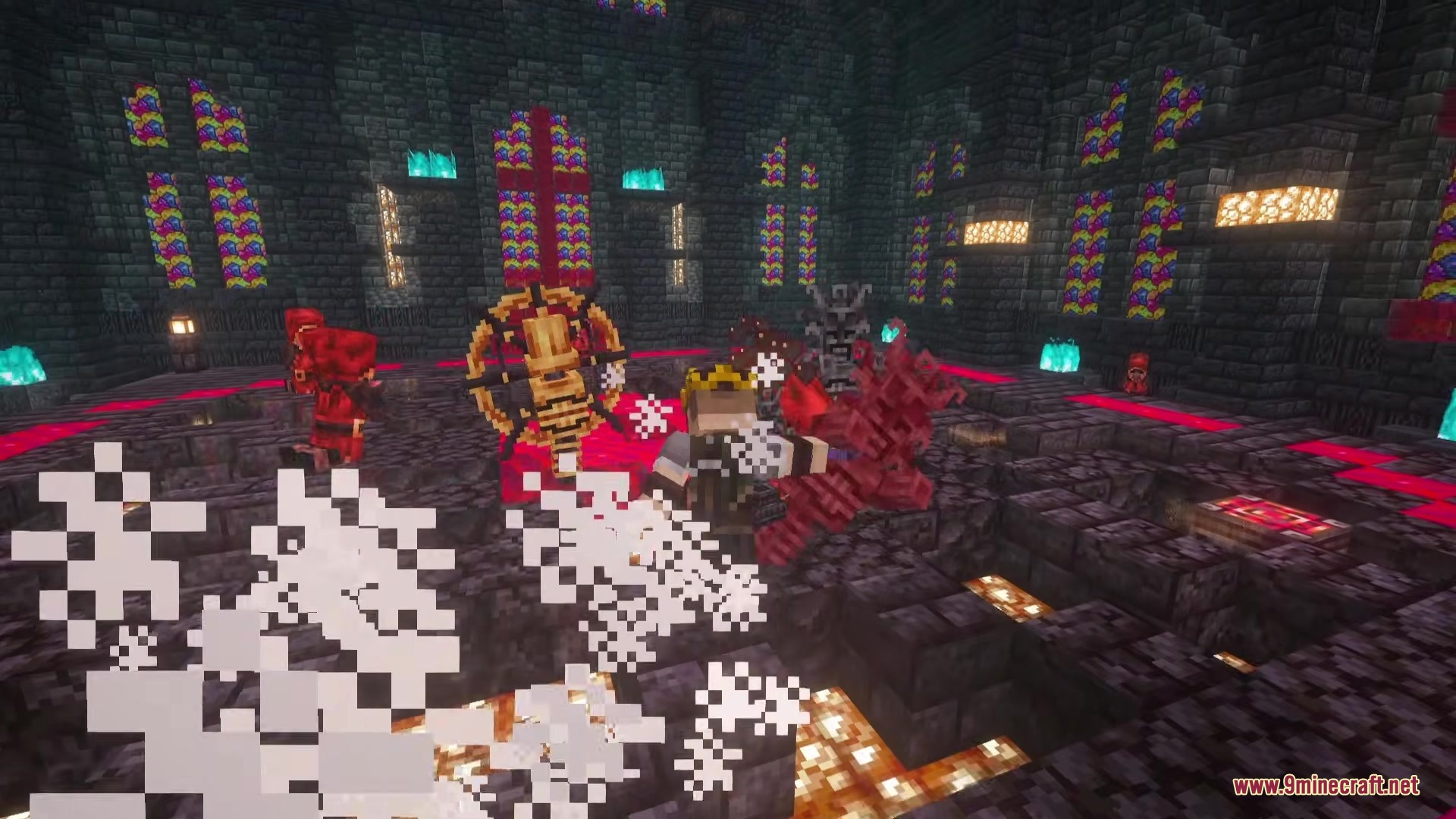 Player fighting a boss with a golden wheel in a gothic Nether room