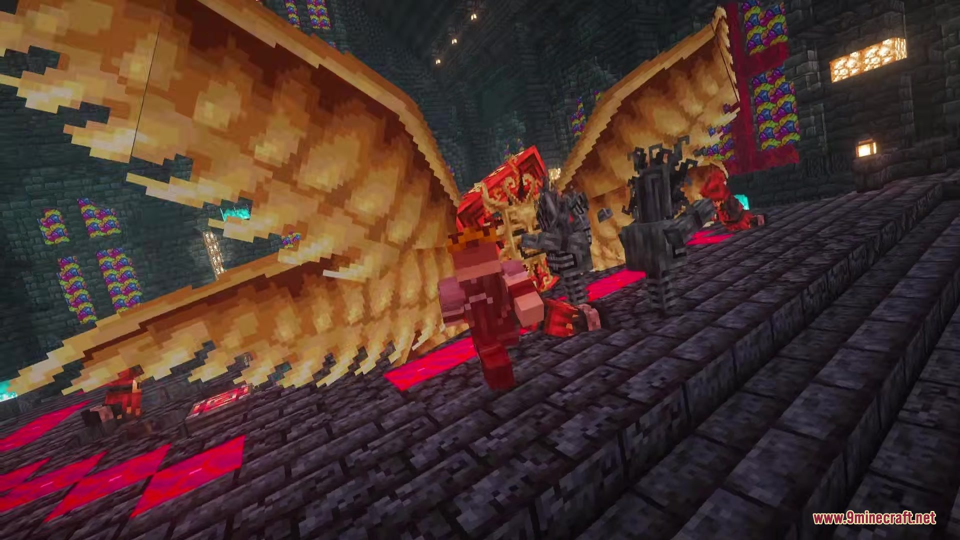Huge golden winged creature faces off against a player in a dark mansion