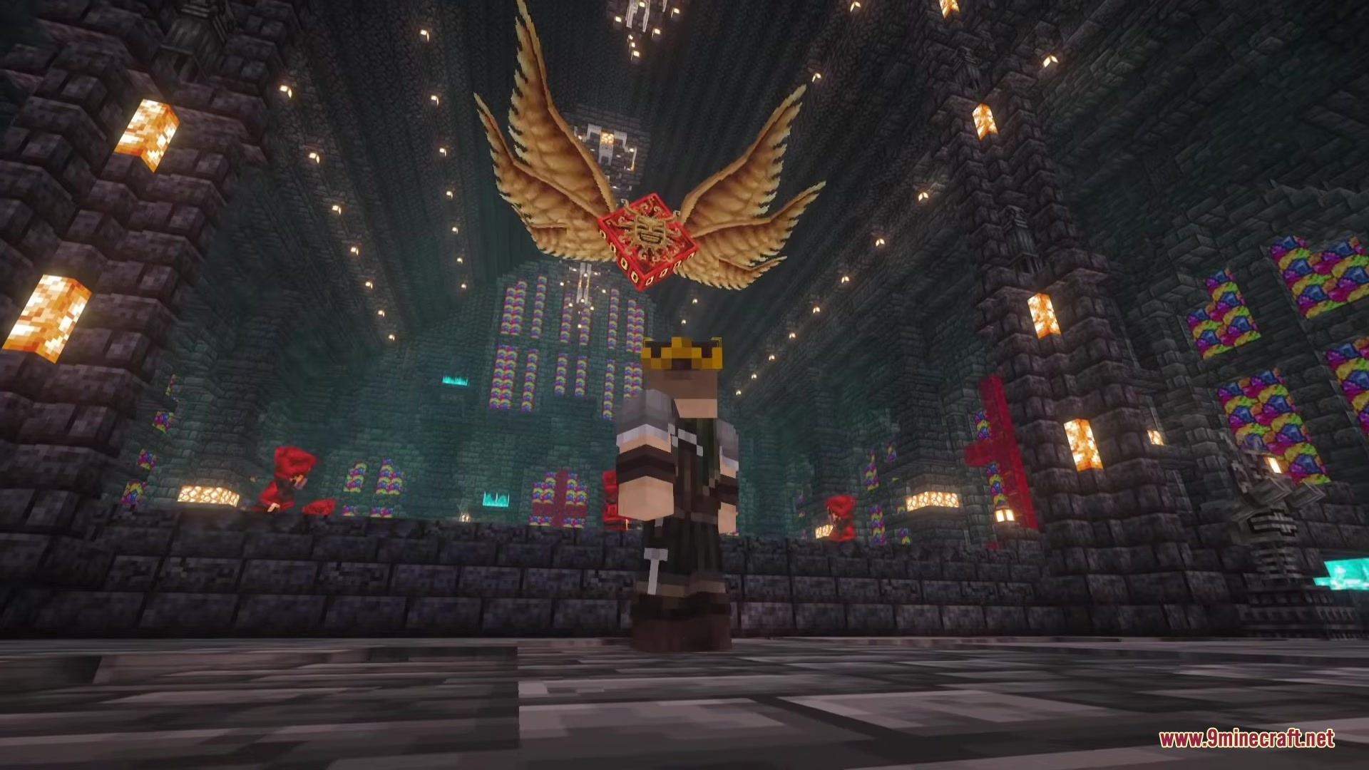 Player encounters a floating winged book inside the Cult of Azazel mansion dungeon