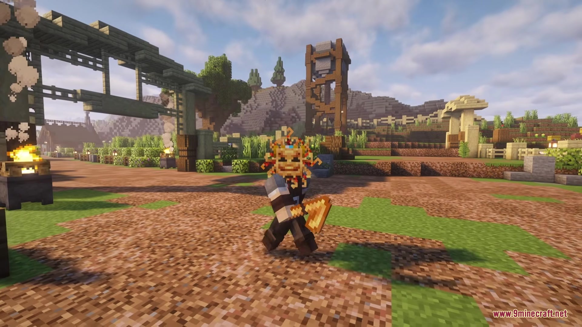 Character wearing a golden mask and holding a battle axe in a village
