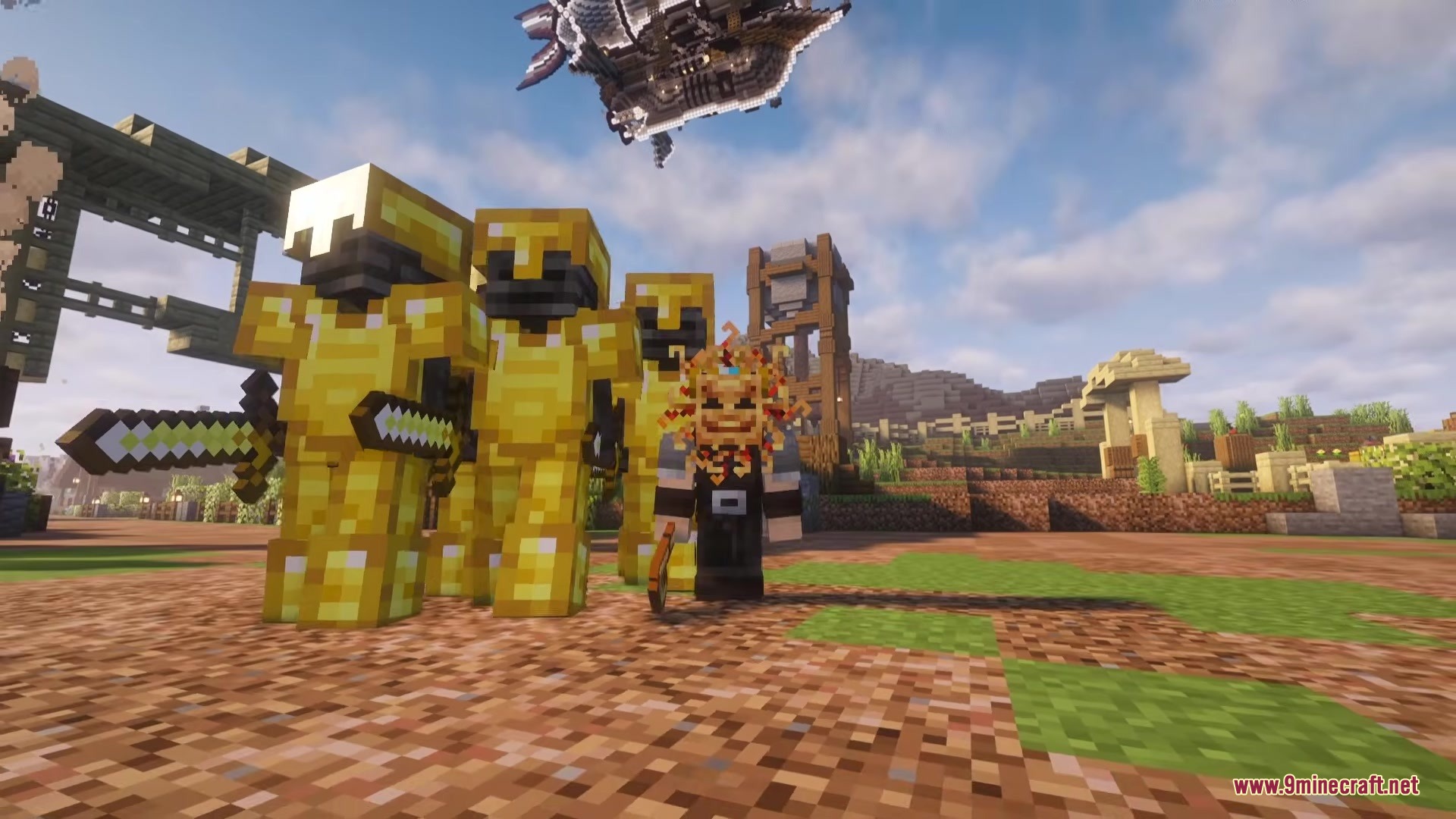 A masked leader and golden armored guards standing under a flying airship