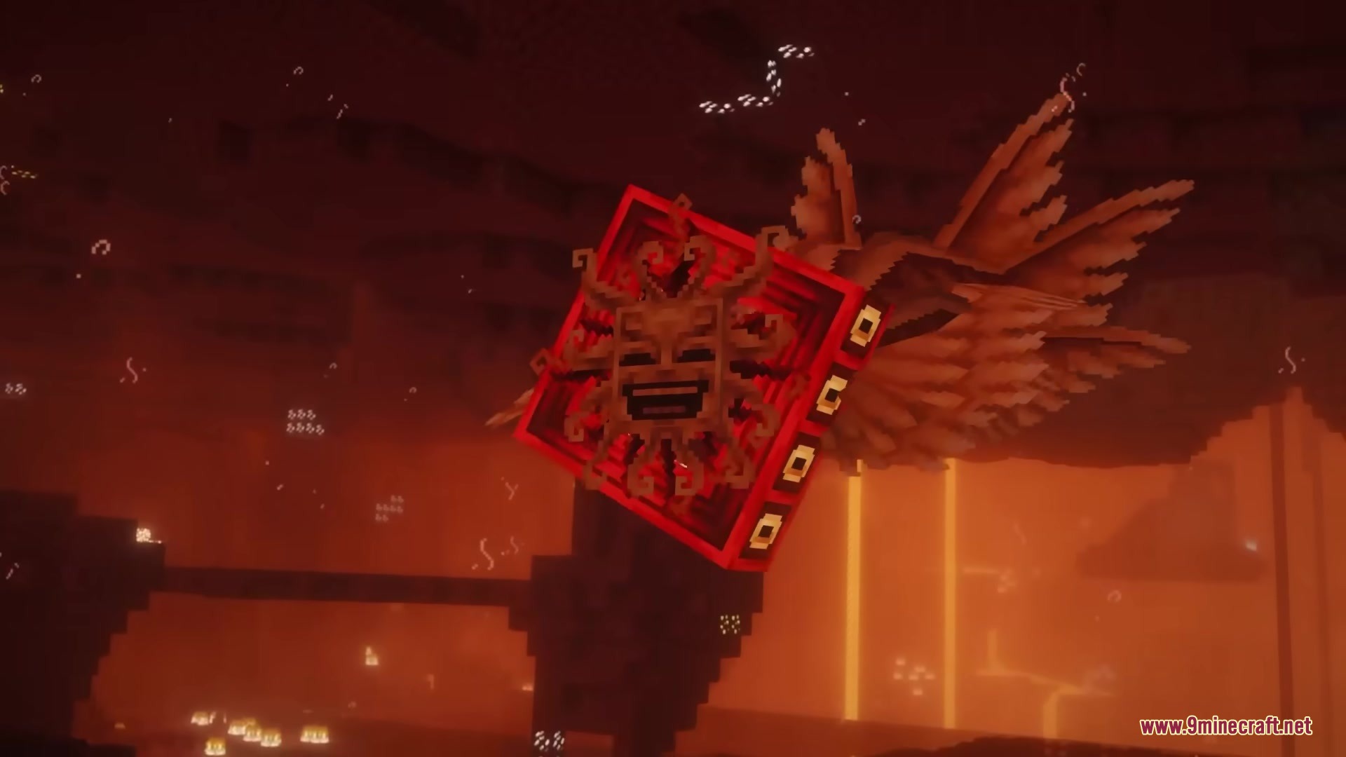 A giant red flying boss with multiple wings soaring through the Nether