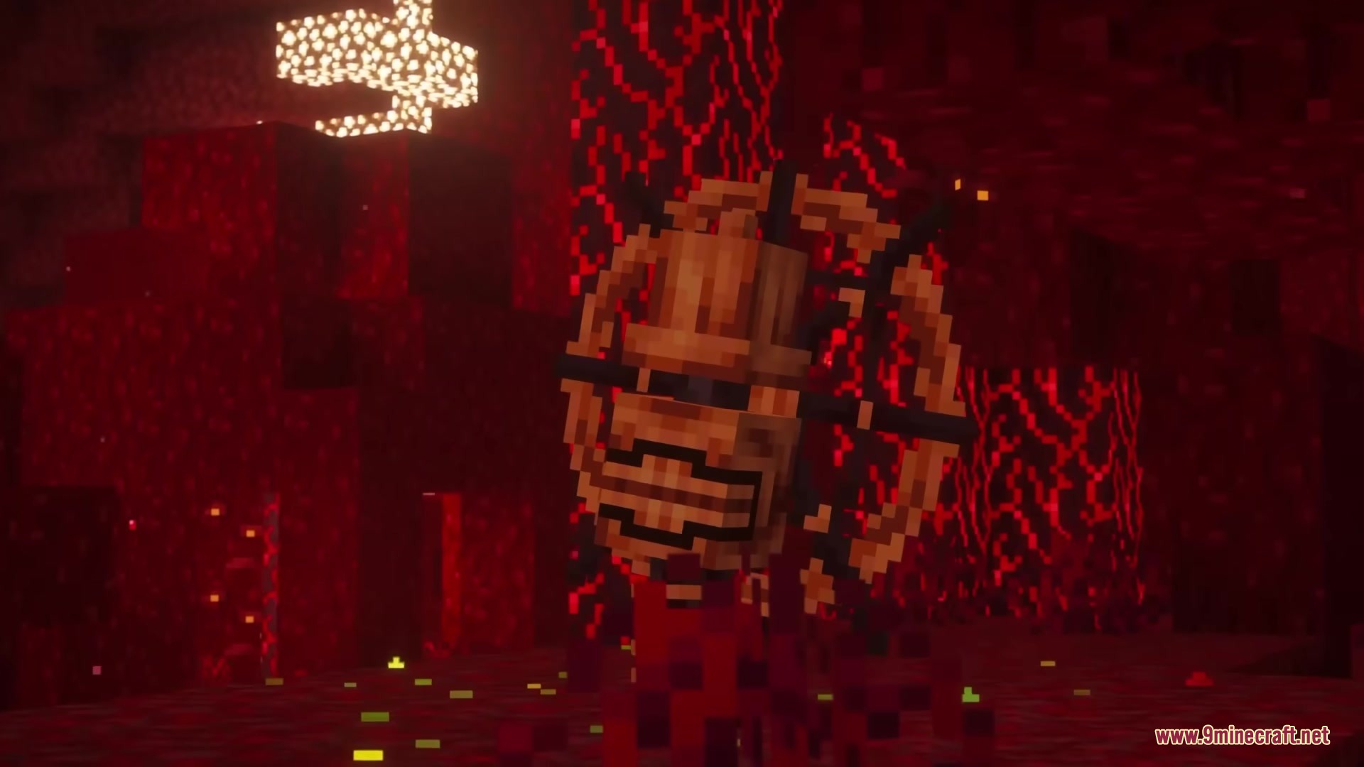 A strange wooden cage structure floats above the ground in the Nether biome