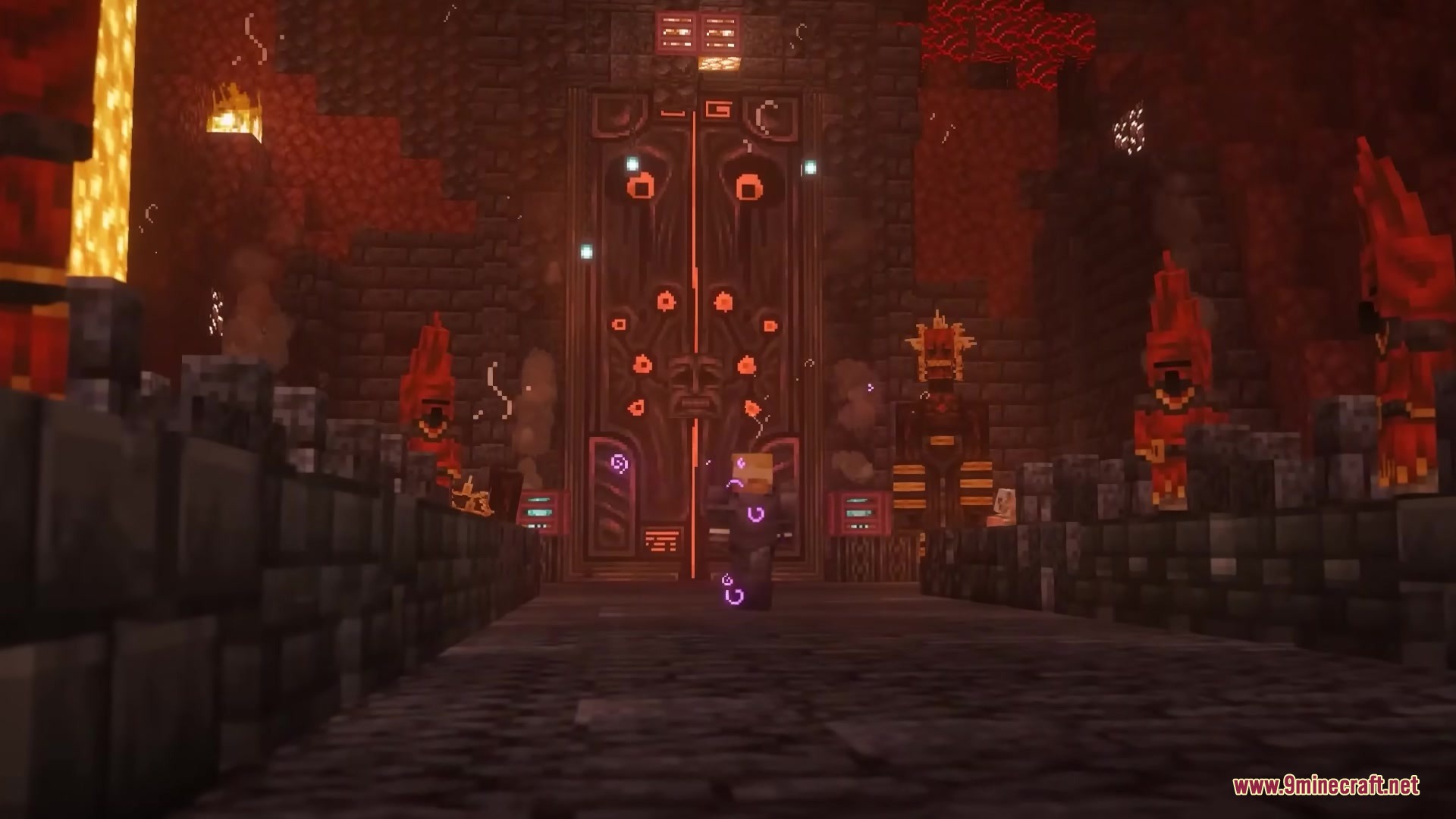 A player stands before the giant gate of the Cult of Azazel mansion