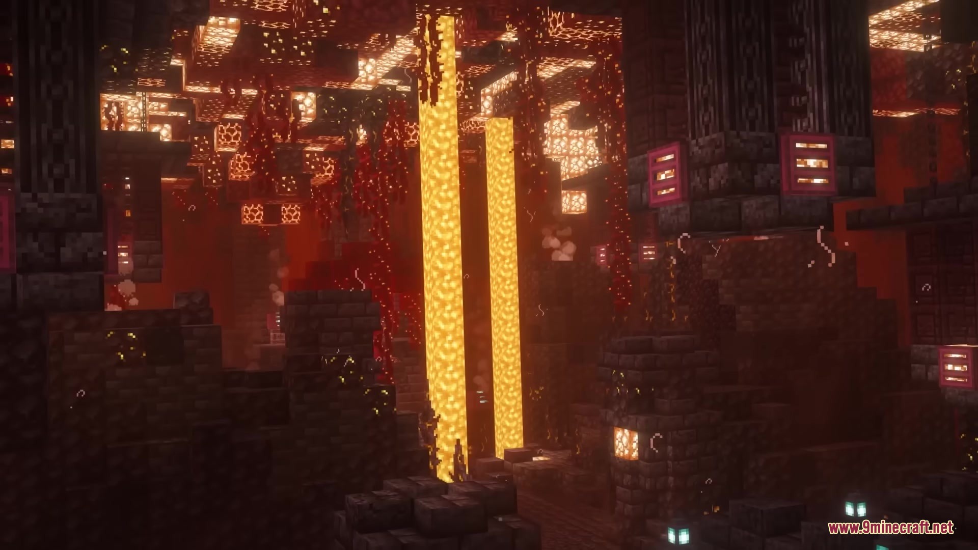 A massive Nether mansion interior with lava pillars and glowing shroomlight blocks