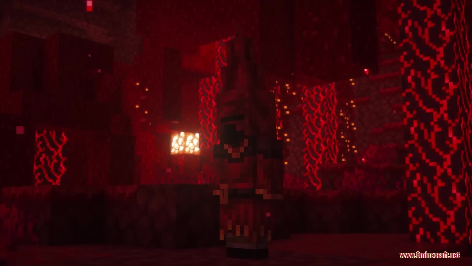 A mysterious hooded cultist standing in a dark red Nether room