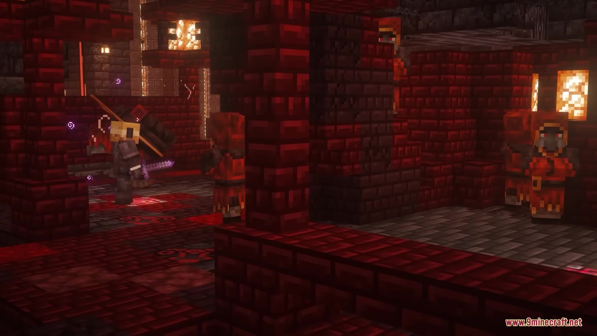 A player character battling red robed cultists inside a dark nether brick mansion